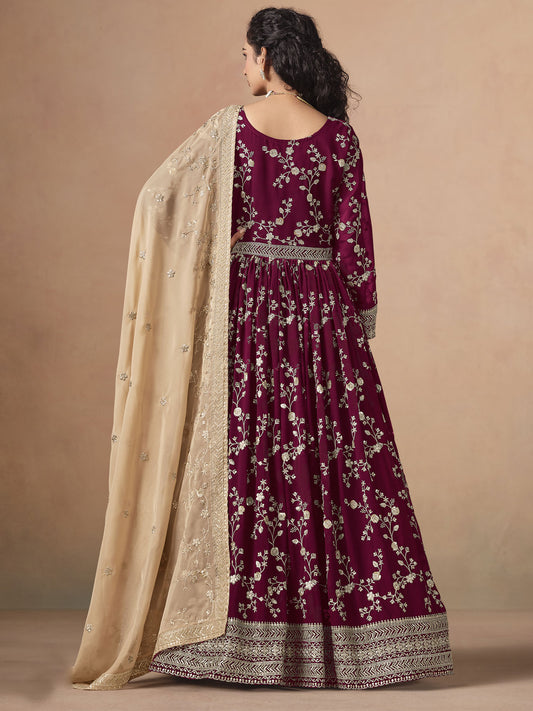 Maroon Faux Georgette Embroidered Long Anarkali Suit