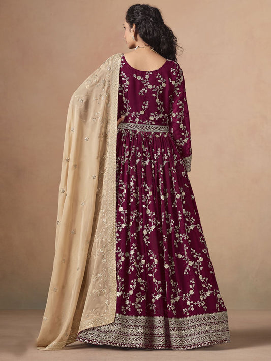 Maroon Faux Georgette Embroidered Long Anarkali Suit
