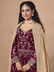 Maroon Faux Georgette Embroidered Long Anarkali Suit