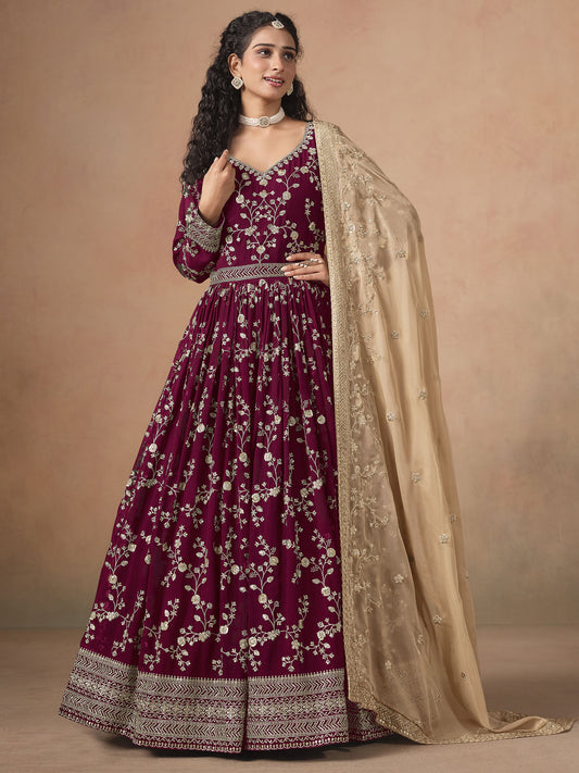 Maroon Faux Georgette Embroidered Long Anarkali Suit
