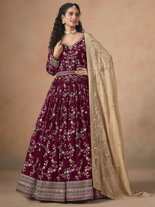 Maroon Faux Georgette Embroidered Long Anarkali Suit