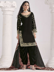 Black Silk Embroidered Mirror Work And Zari Dhoti Suit Festive Wear