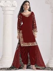 Maroon Silk Embroidered Mirror Work And Zari Dhoti Suit Festive Wear
