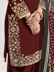 Maroon Silk Embroidered Mirror Work And Zari Dhoti Suit Festive Wear