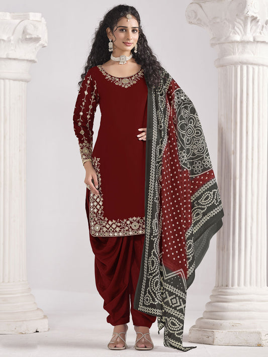 Maroon Silk Embroidered Mirror Work And Zari Dhoti Suit Festive Wear