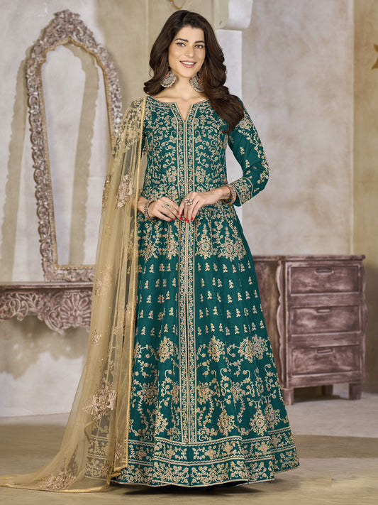 Green Art Silk Lehenga Slit Style Festive Anarkali Suit