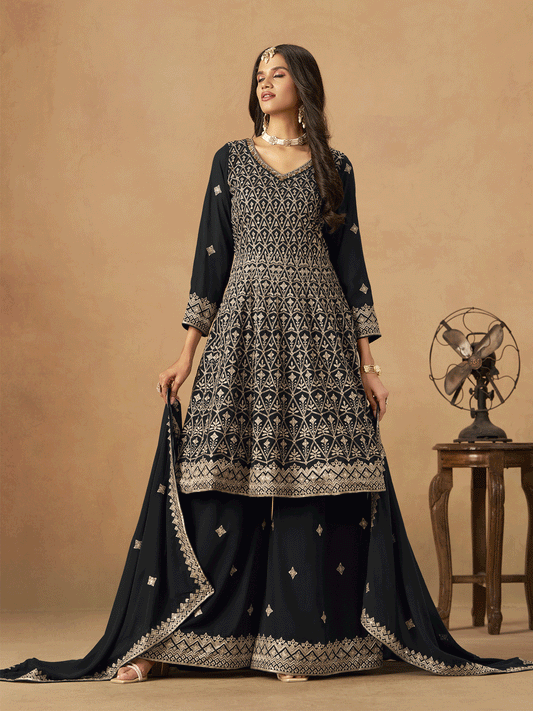 Black Faux Georgette Zari Embroidered Sequins Palazzo Suit Festive Wear