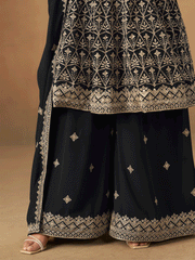 Black Faux Georgette Zari Embroidered Sequins Palazzo Suit Festive Wear