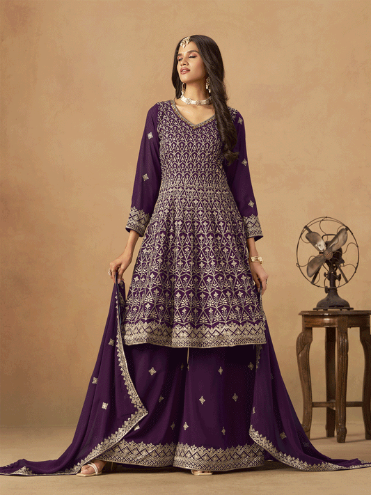 Purple Faux Georgette Zari Embroidered Sequins Palazzo Suit Festive Wear