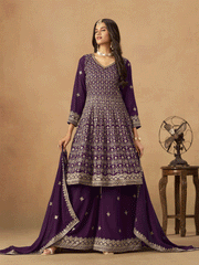 Purple Faux Georgette Zari Embroidered Sequins Palazzo Suit Festive Wear