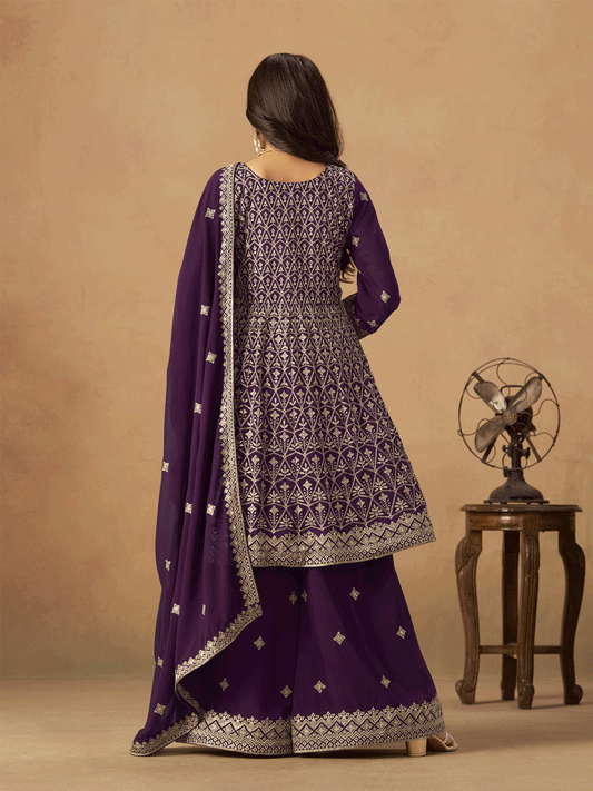 Purple Faux Georgette Zari Embroidered Sequins Palazzo Suit Festive Wear