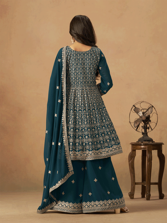 Teal Faux Georgette Zari Embroidered Sequins Palazzo Suit Festive Wear