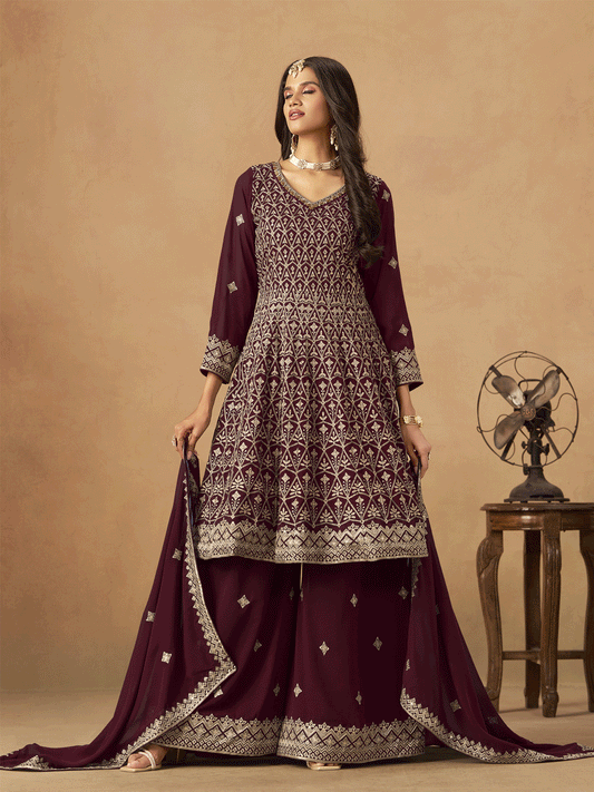 Maroon Faux Georgette Zari Embroidered Sequins Palazzo Suit Festive Wear