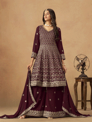 Maroon Faux Georgette Zari Embroidered Sequins Palazzo Suit Festive Wear
