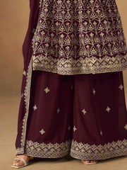 Maroon Faux Georgette Zari Embroidered Sequins Palazzo Suit Festive Wear