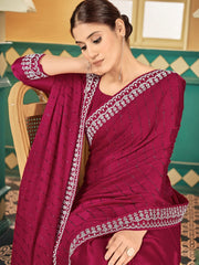 Magenta Embellished Beads and Stones Satin Saree