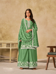 Green Chinon Thread Embroidered Palazzo Suit Festive Wear