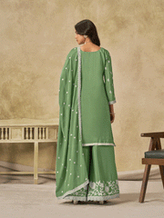 Green Chinon Thread Embroidered Palazzo Suit Festive Wear