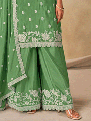 Green Chinon Thread Embroidered Palazzo Suit Festive Wear