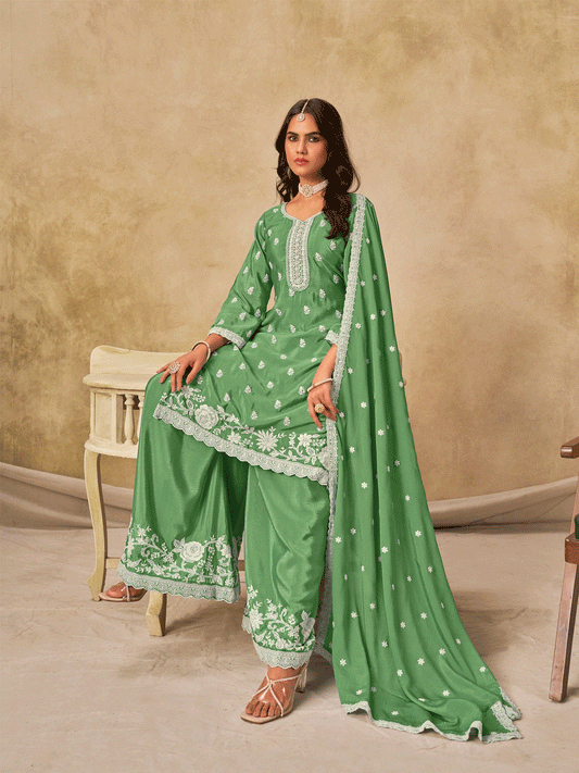 Green Chinon Thread Embroidered Palazzo Suit Festive Wear