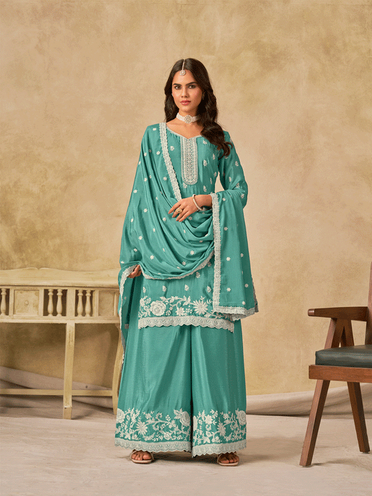Aqua Blue Chinon Thread Embroidered Palazzo Suit Festive Wear