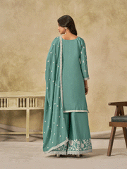 Aqua Blue Chinon Thread Embroidered Palazzo Suit Festive Wear
