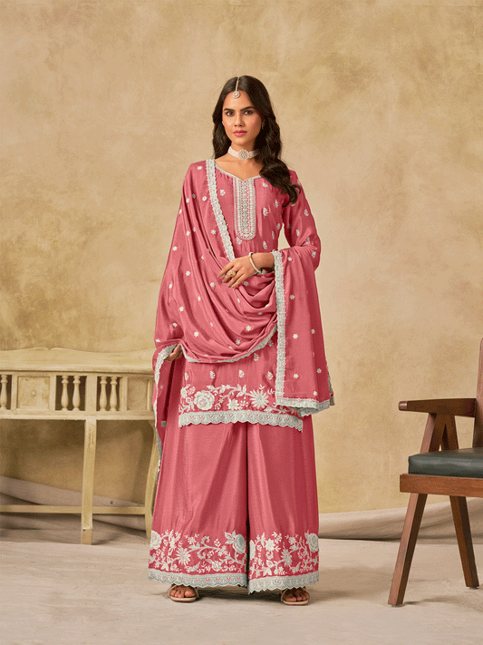 Pink Chinon Thread Embroidered Palazzo Suit Festive Wear