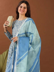 White Floral Printed Round Neck Anarkali Kurta with Trousers & Dupatta
