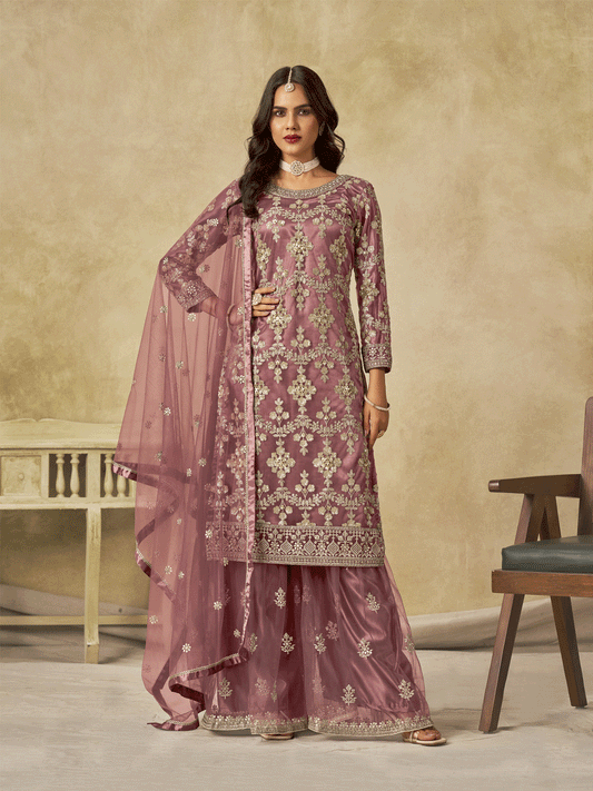 Pink Beautifully Embroidered Net Wedding Palazzo Suit