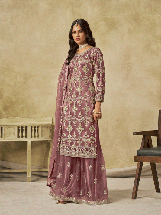 Pink Beautifully Embroidered Net Wedding Palazzo Suit