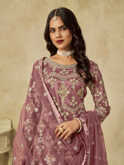 Pink Beautifully Embroidered Net Wedding Palazzo Suit