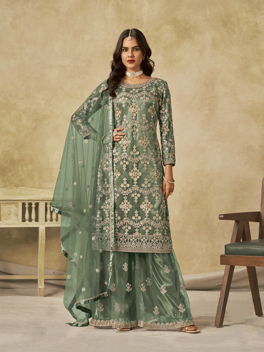 Green Beautifully Embroidered Net Wedding Palazzo Suit