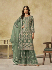 Green Beautifully Embroidered Net Wedding Palazzo Suit