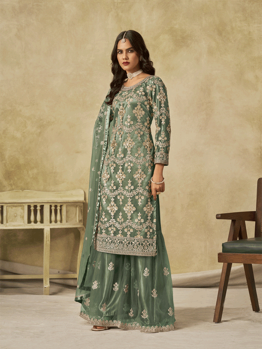 Green Beautifully Embroidered Net Wedding Palazzo Suit