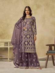Purple Beautifully Embroidered Net Wedding Palazzo Suit