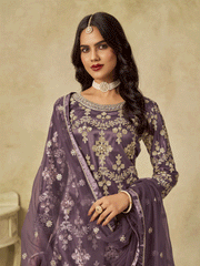 Purple Beautifully Embroidered Net Wedding Palazzo Suit