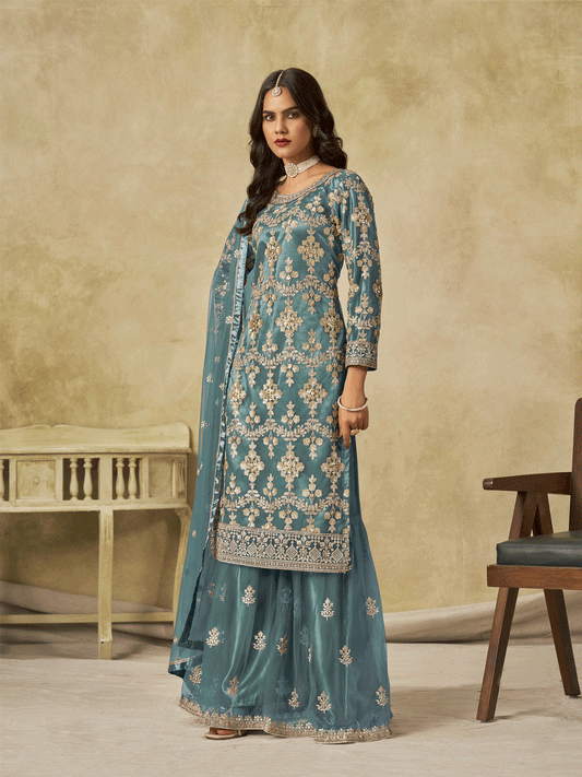Teal Beautifully Embroidered Net Wedding Palazzo Suit