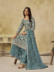 Teal Beautifully Embroidered Net Wedding Palazzo Suit