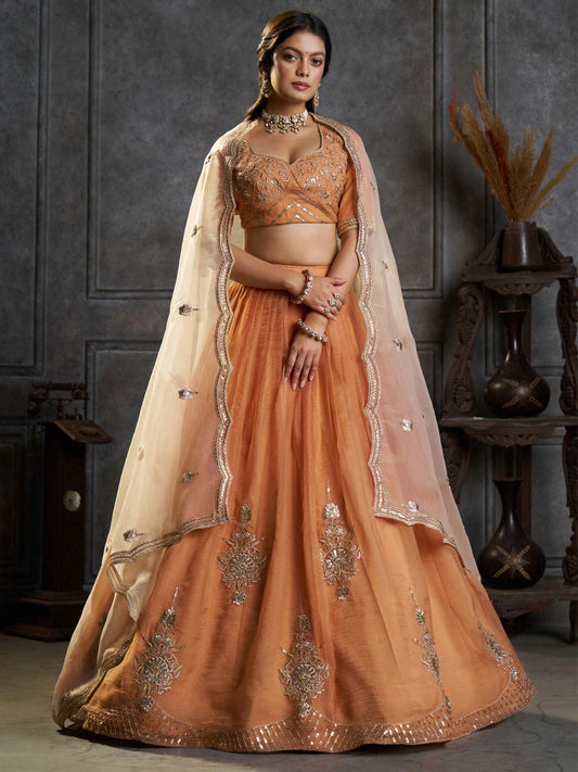 Orange Organza Embroidery Designer Lehenga Choli