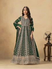 Georgette Bottle Green Embroidered Wedding Anarkali Suit