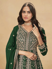 Georgette Bottle Green Embroidered Wedding Anarkali Suit