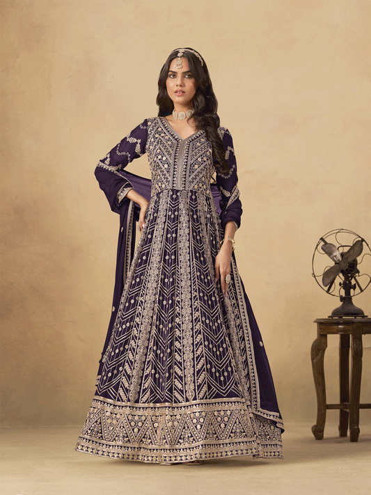Georgette Wine Purple Embroidered Wedding Anarkali Suit