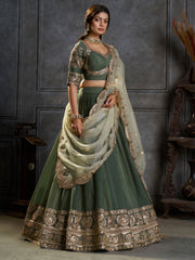 Dark Green Organza Embroidery Designer Lehenga Choli