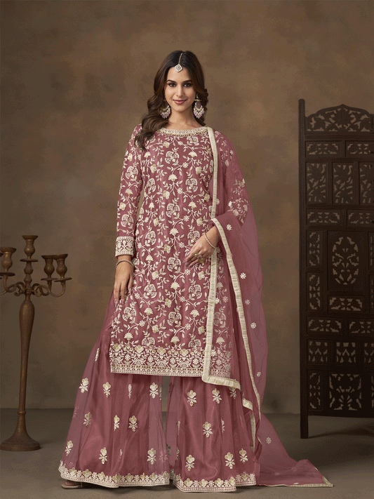 Net Pink Wedding Embroidered Gharara Sytle Suit