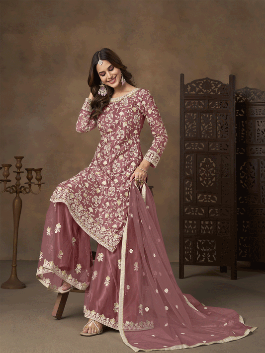 Net Pink Wedding Embroidered Gharara Sytle Suit