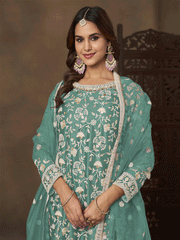 Net Green Wedding Embroidered Gharara Sytle Suit