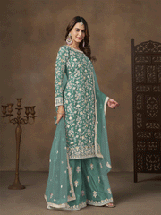 Net Green Wedding Embroidered Gharara Sytle Suit