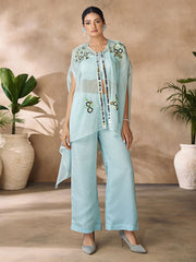 Organza Sequins Party Wear Kurti in Aqua Blue