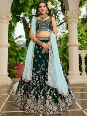 Green colour Organza Sequinse embroidery Semi Stitched Lehenga choli and Dupatta