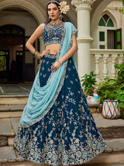 Navy blue colour Organza Sequinse embroidery Semi Stitched Lehenga choli and Dupatta
